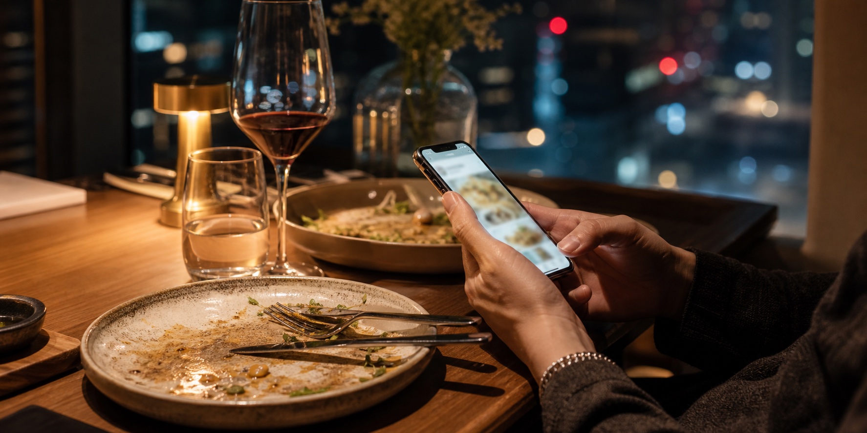 Pengguna melihat ponsel setelah makan malam