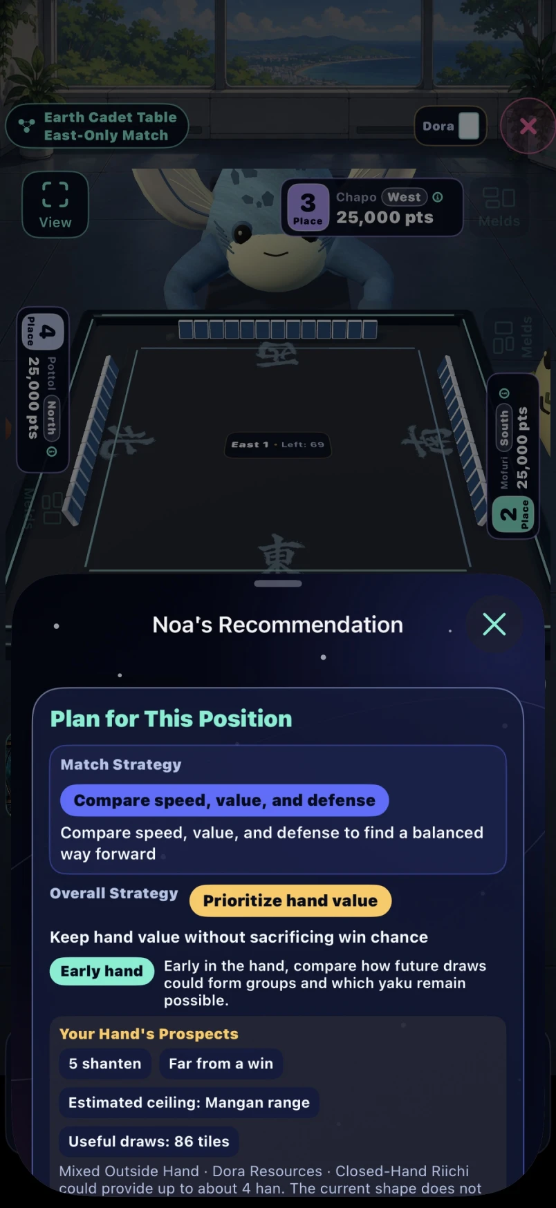 Noa’s Recommendation explains a plan for the current hand, including scoring potential and useful draws
