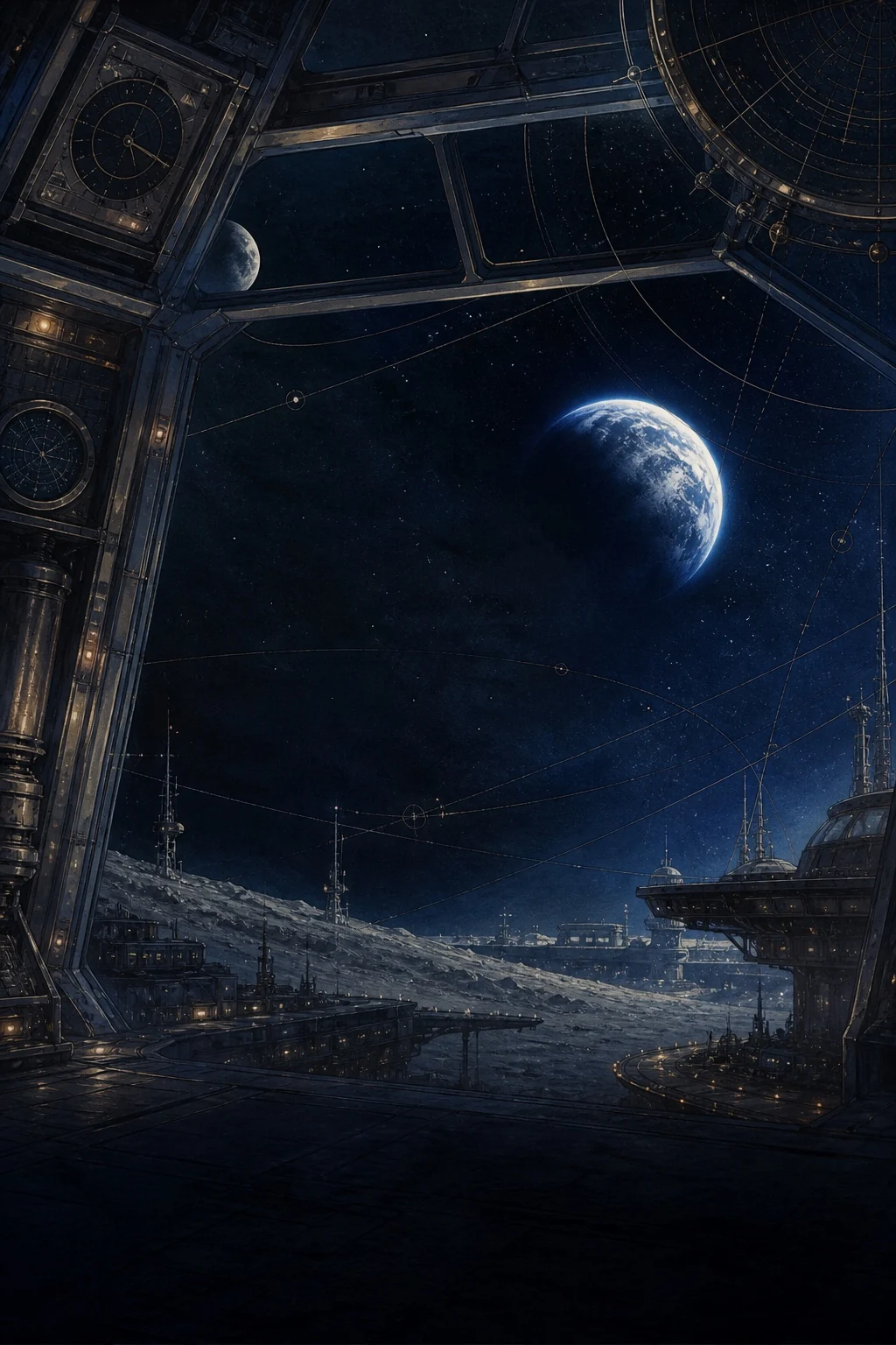 Luna Harbor, a lunar port beneath a star-filled sky and the blue Earth