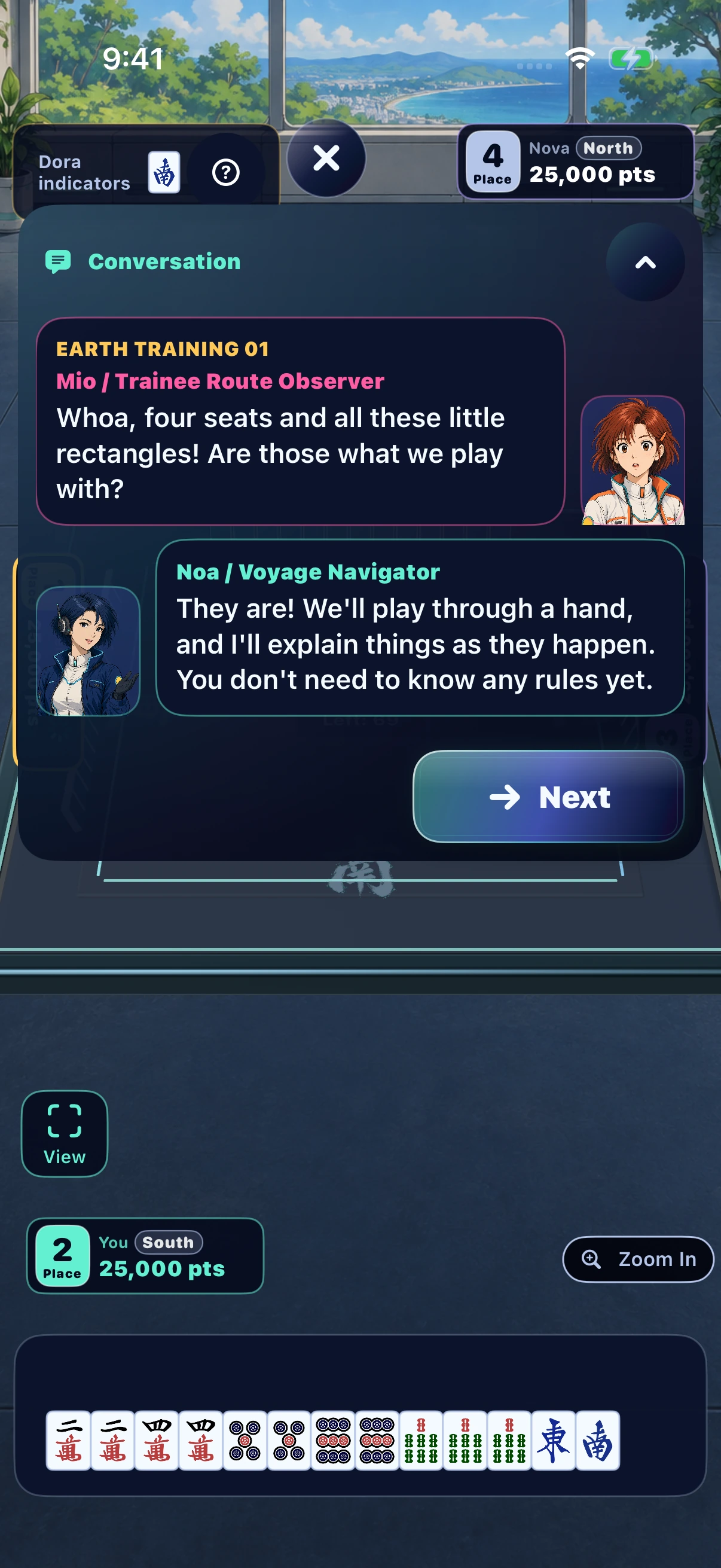 Enlarge the first lesson: Mio asks about the tiles and Noa guides your first steps