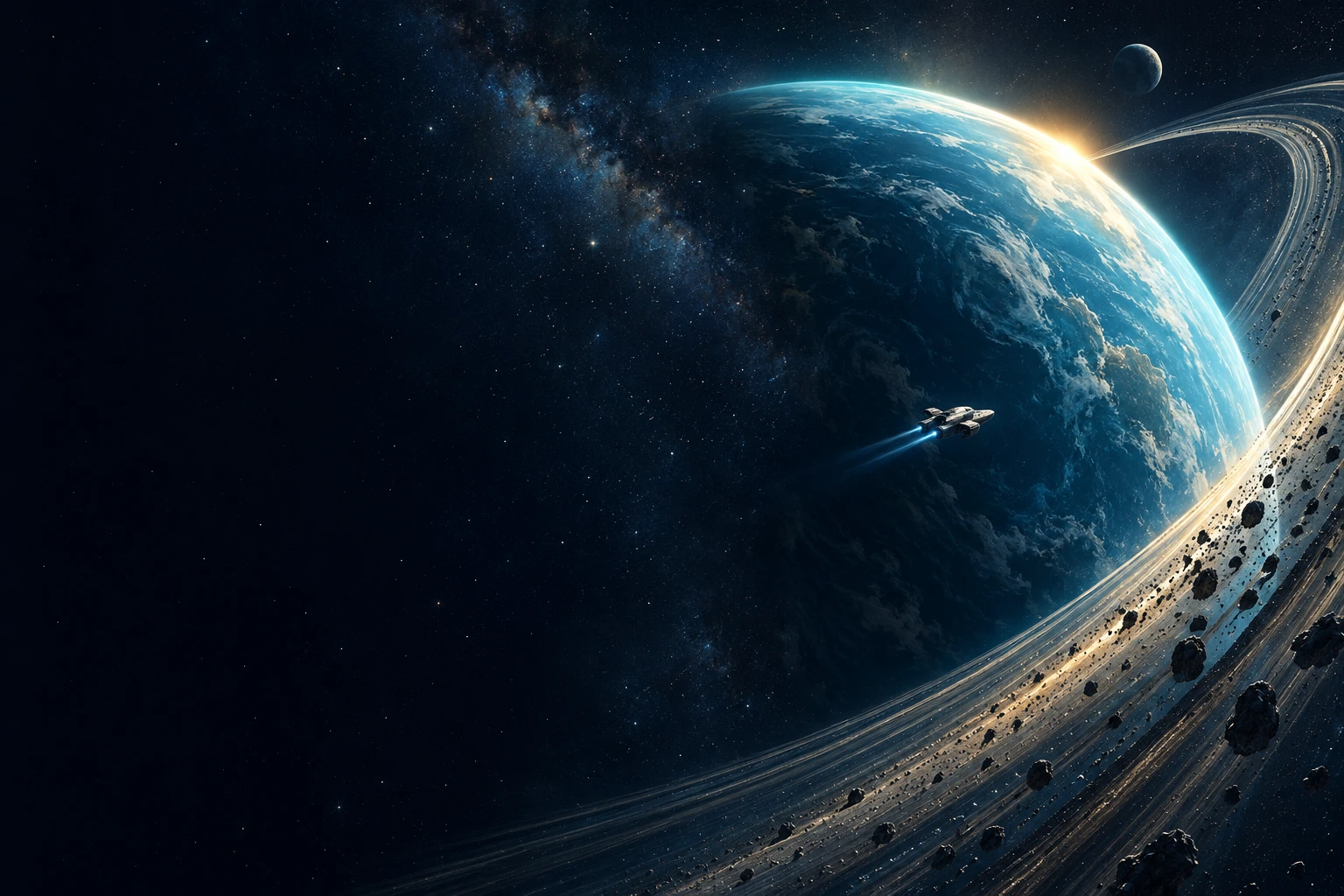 An exploration ship approaches a blue planet and its sweeping rings