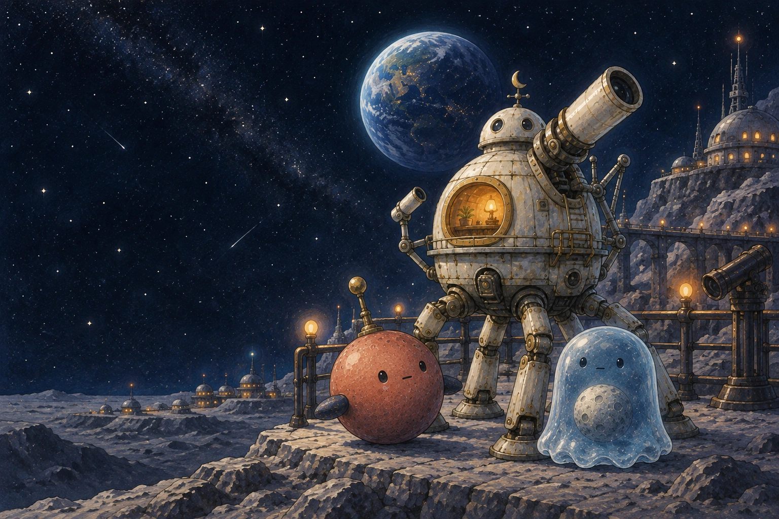 Penta Luna, Puka, and Mimo on a starry lunar promenade