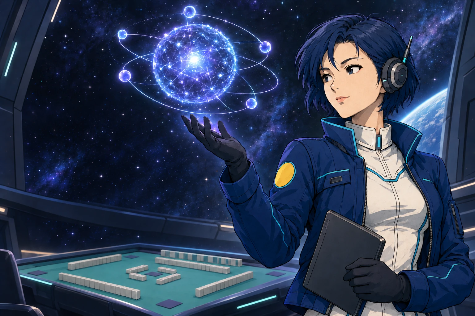 星空を背景に、光るAIコアを手にしたノア