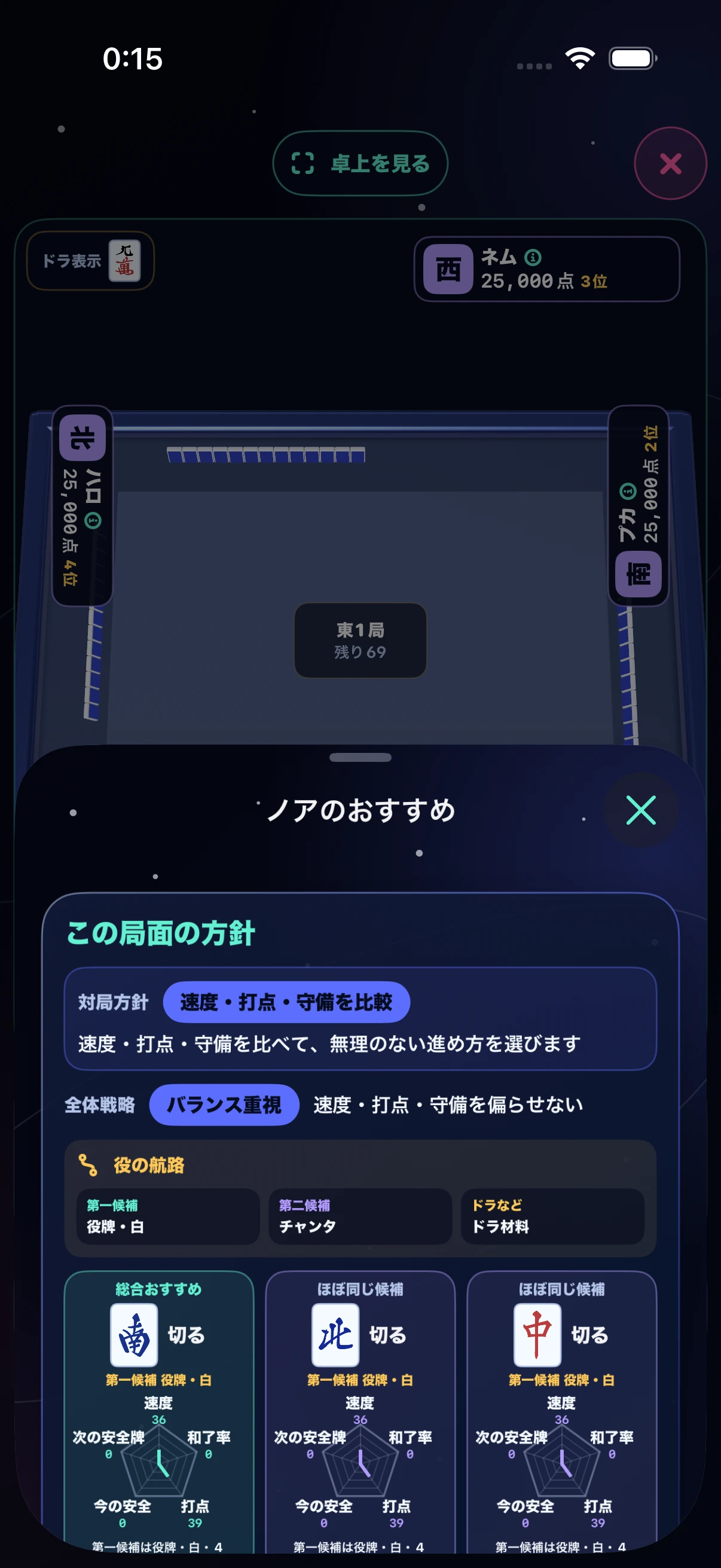 対局中に速度、打点、守備と打牌候補を比較する詳しい助言画面