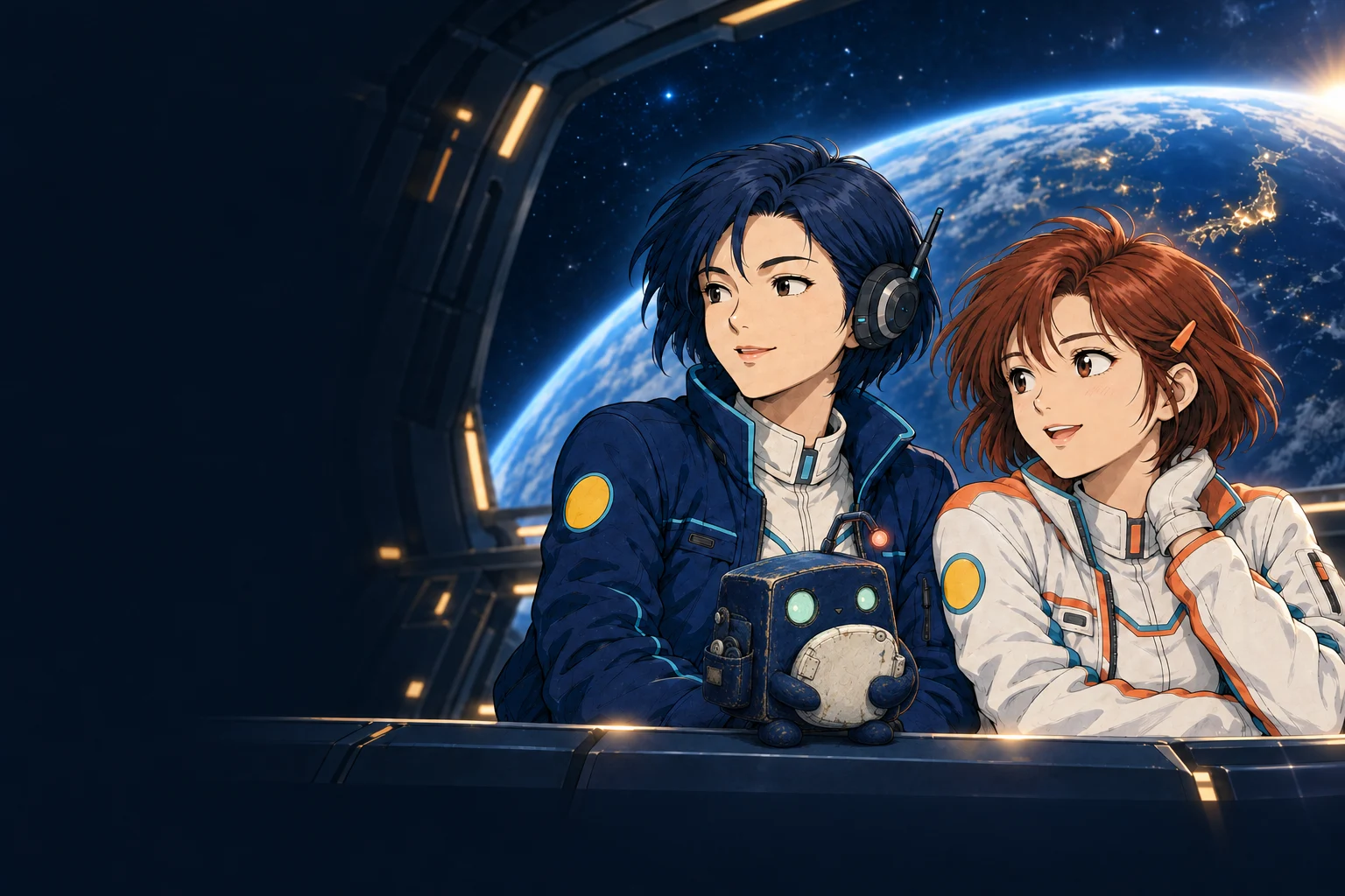 Noa, Mio, and Hako welcome you aboard a space station overlooking Earth